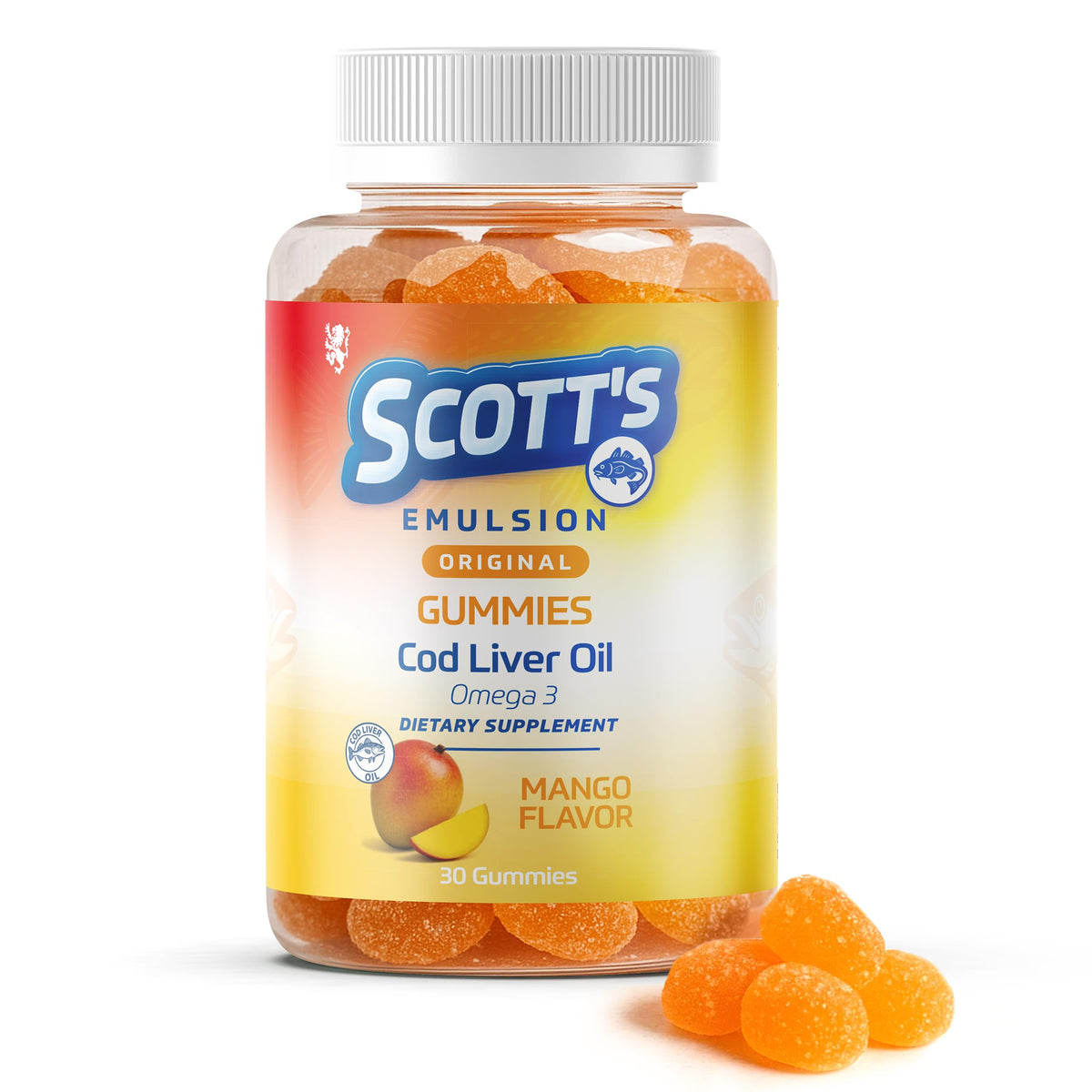 Scott’s Emulsion gomitas de mango — imagen del envase individual; pack de 2 frascos