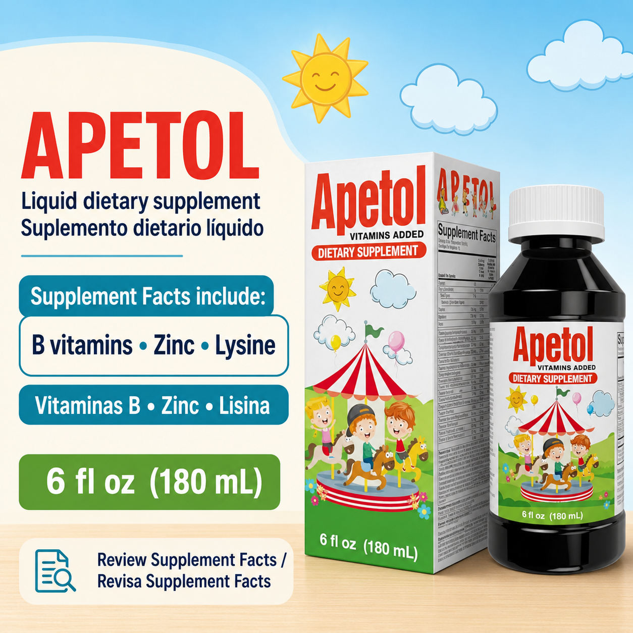 Apetol con vitaminas B, zinc y lisina declarados en Supplement Facts