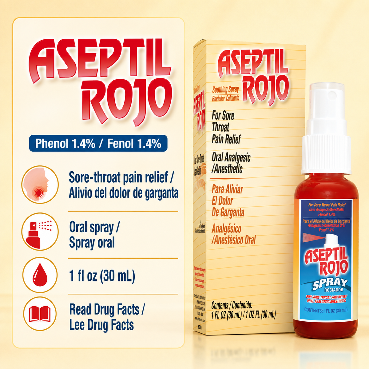 Aseptil Rojo con fenol 1.4%, spray oral de 1 fl oz