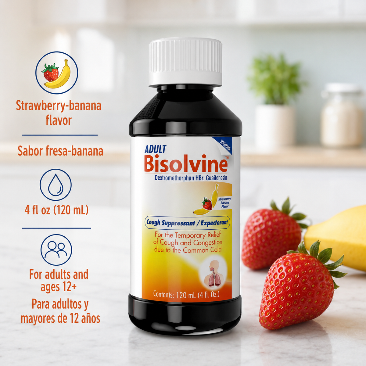 Bisolvine Adultos sabor fresa-banana, 4 fl oz