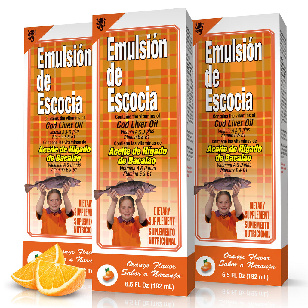 EMULSIÓN DE ESCOCIA - Aceite de Hígado de Bacalao Sabor Naranja | 6.5 Fl Oz | 3 Unidades
