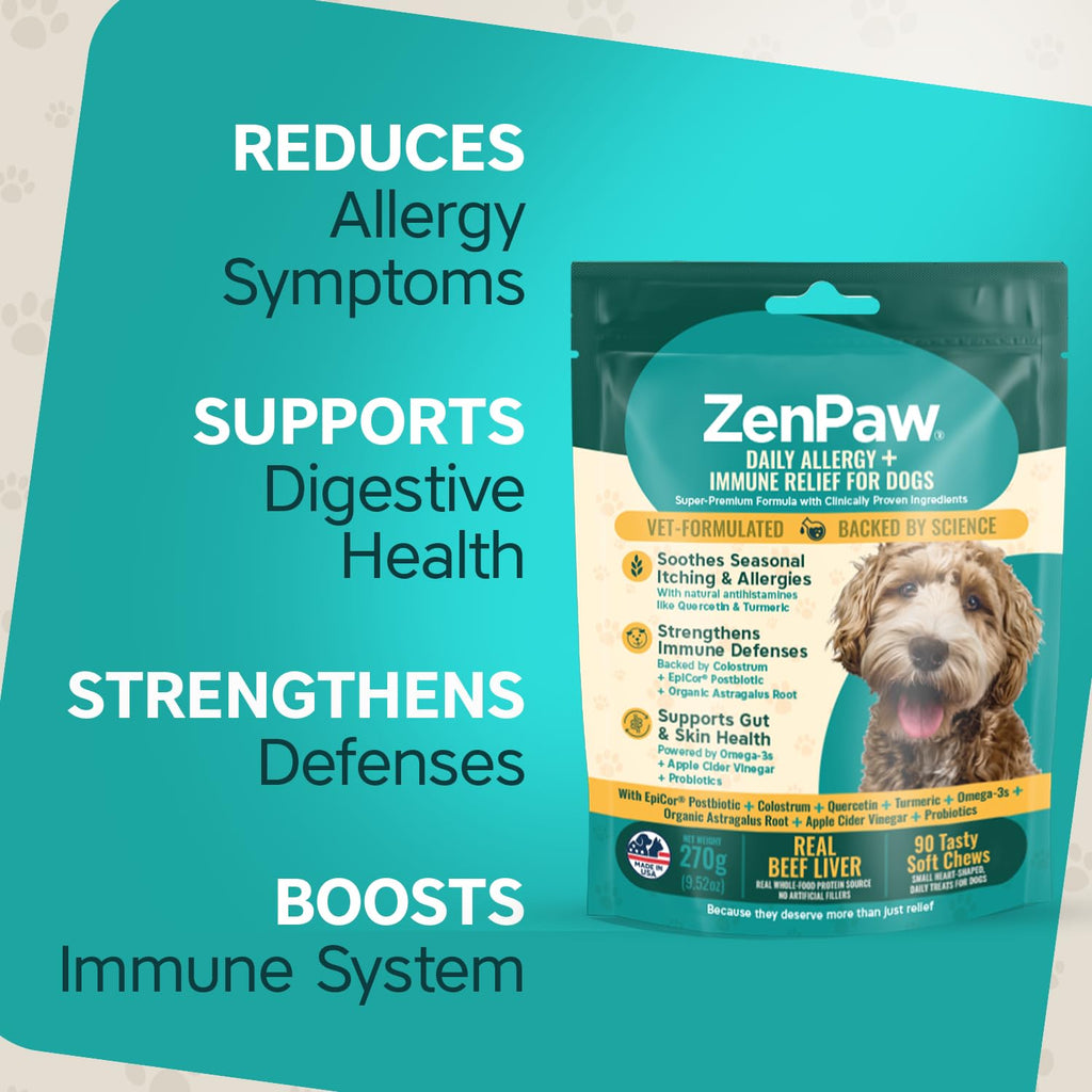 ZenPaw Daily Allergy + Immune Relief Dog Supplement Chews with Probiotics & Omega-3s for Itchy Skin and Ears, 50 Tasty Beef Liver Soft Chews for Dog Allergy Relief