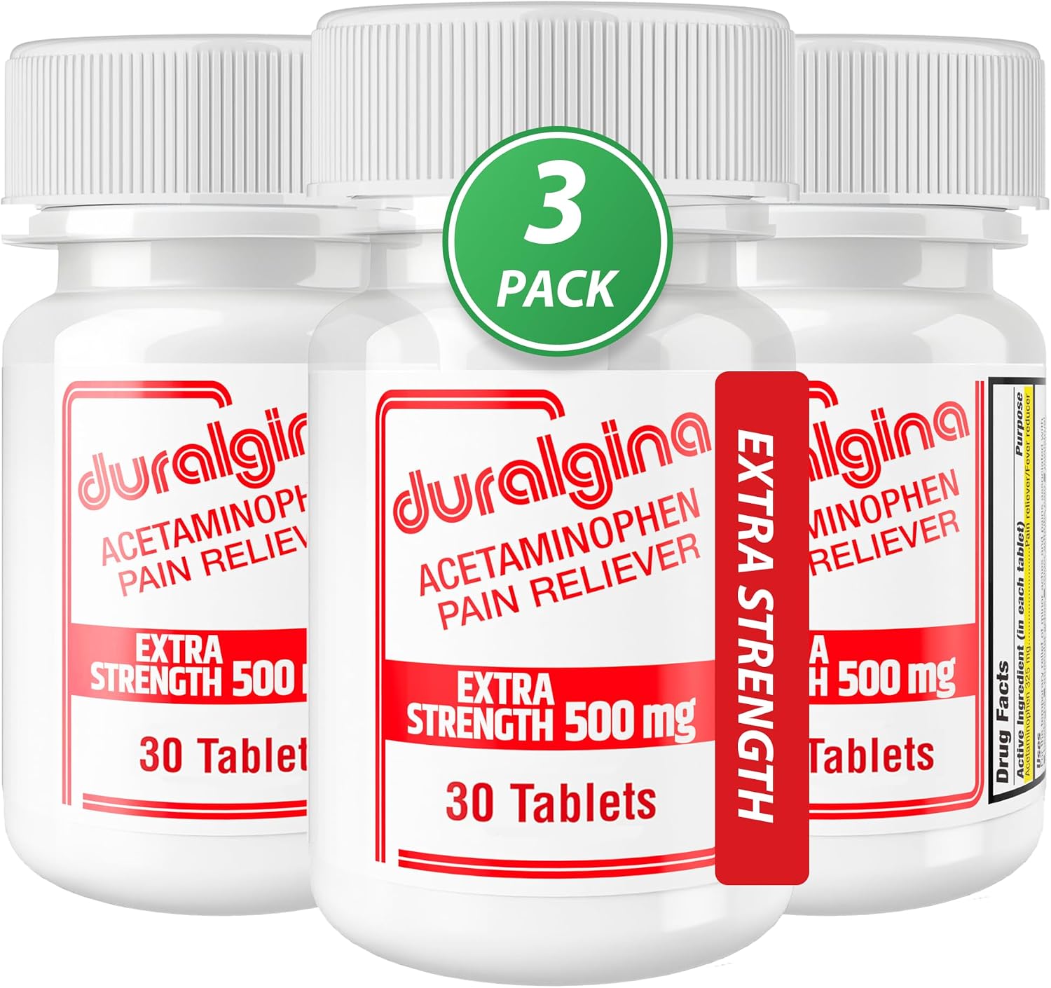 DURALGINA Extra Strength acetaminofén 500 mg, paquete de 3 frascos de 30 tabletas