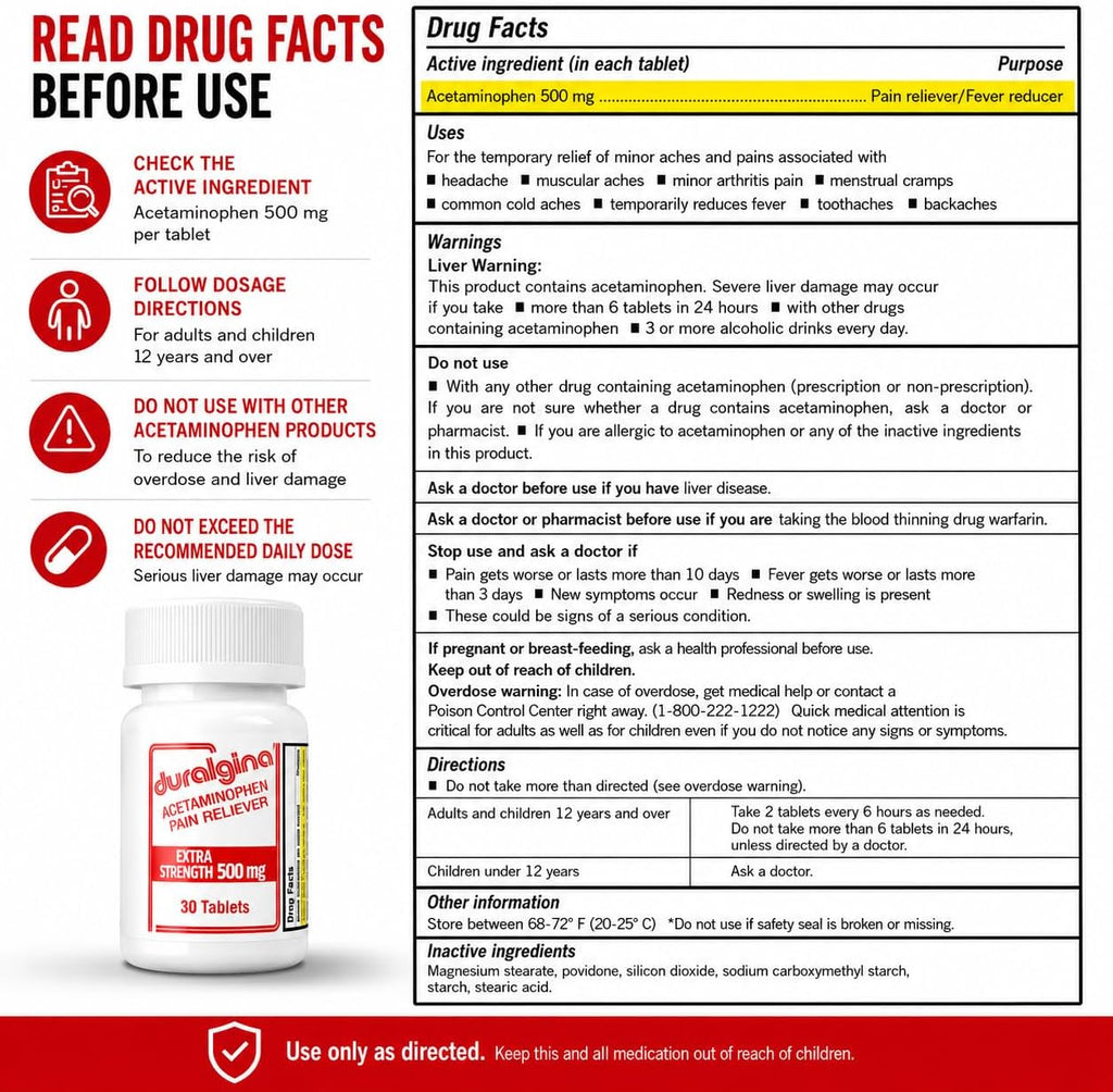 DURALGINA Extra Strength acetaminophen 500 mg Drug Facts information