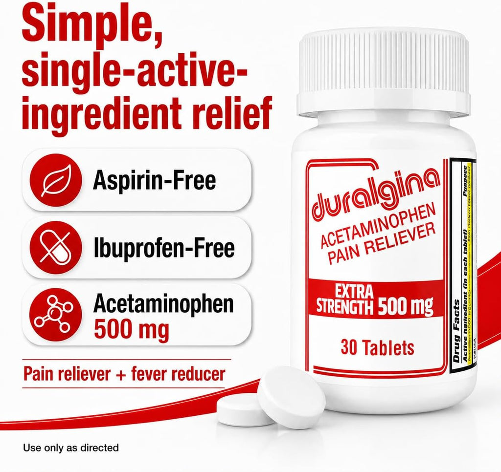 DURALGINA Extra Strength acetaminophen 500 mg, aspirin-free and ibuprofen-free
