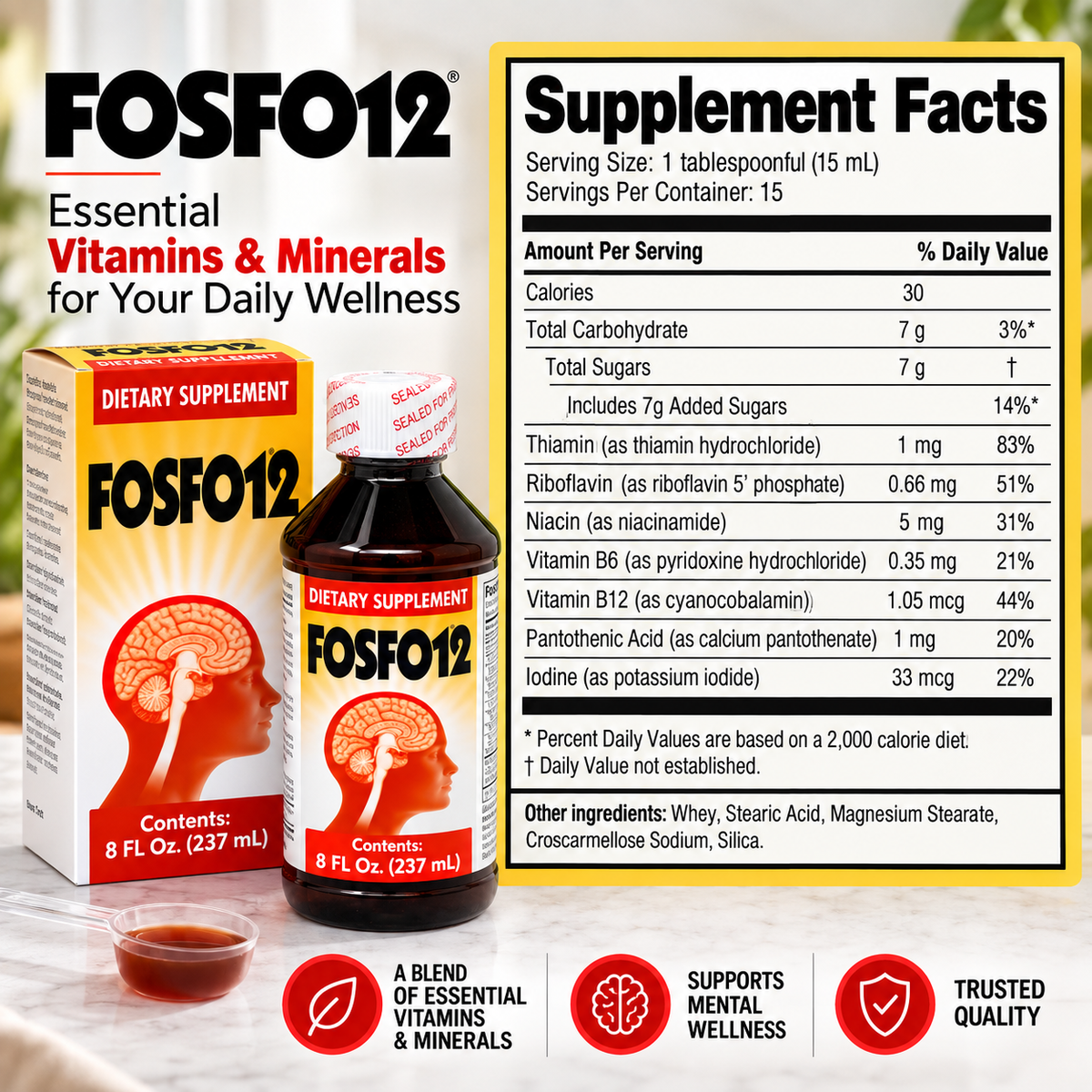 FOSFO12 Supplement Facts: panel nutricional, vitaminas, minerales y otros ingredientes