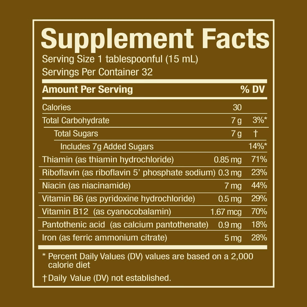 LA DRA. MILLER Supplement Facts: porción de 15 mL, hierro 5 mg y seis vitaminas B