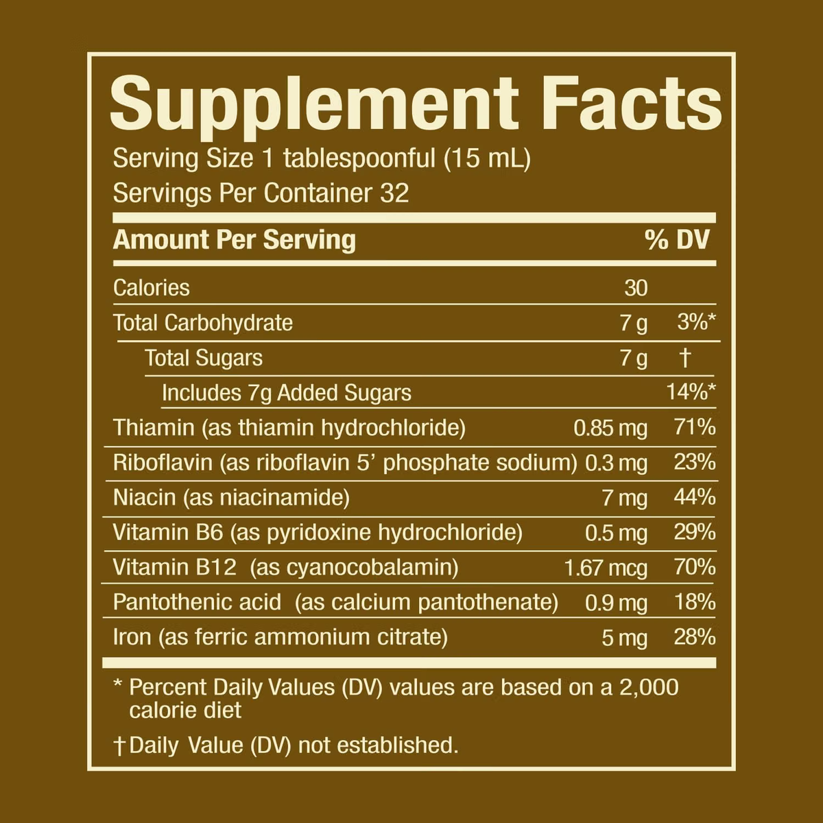 LA DRA. MILLER Supplement Facts: porción de 15 mL, hierro 5 mg y seis vitaminas B