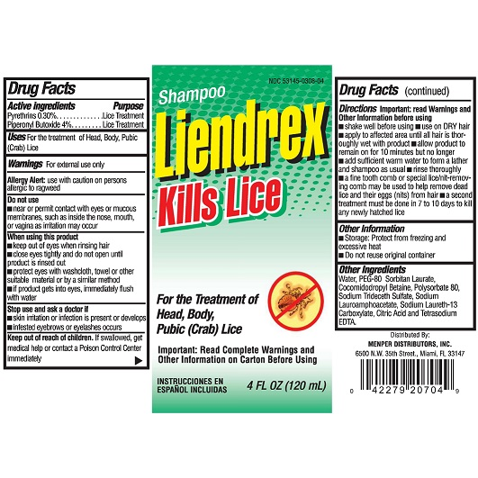 LIENDREX Drug Facts completo: piretrinas 0.30% y piperonil butóxido 4%, NDC 53145-308-04
