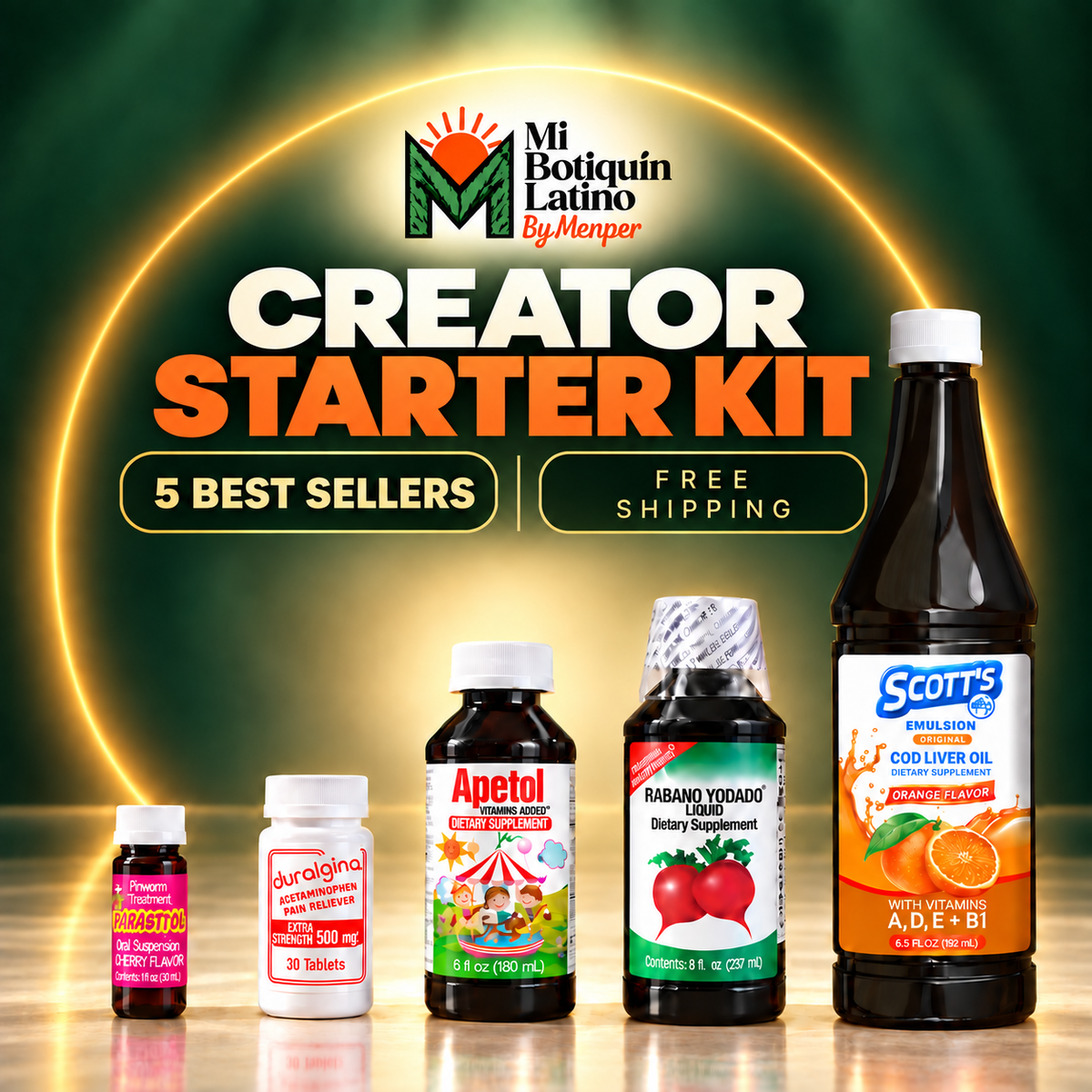 MBL Creator Starter Kit: Parasitol, Duralgina Extra Strength, Apetol, Rábano Yodado y Scott’s Emulsion naranja. Cinco productos con envío gratis.