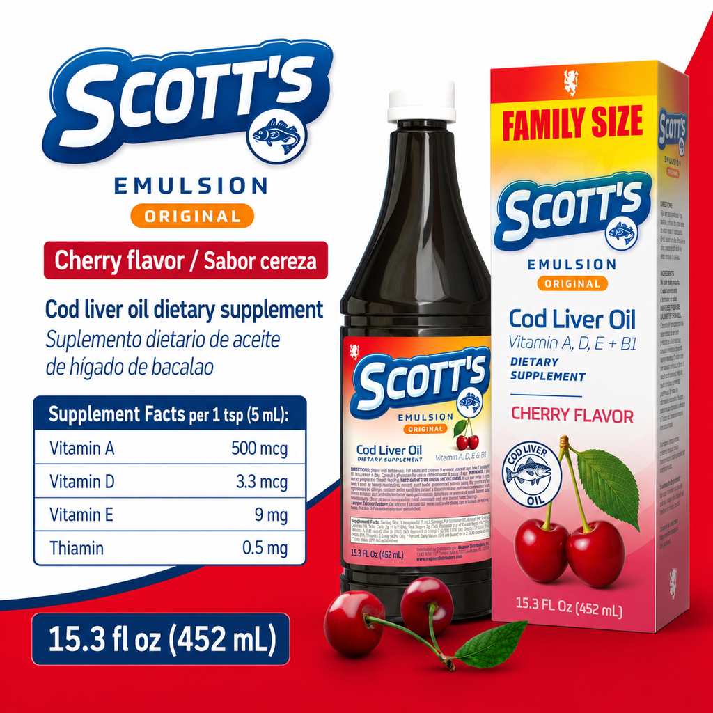 Scott's Emulsion sabor cereza con Supplement Facts por porción