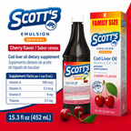 Scott's Emulsion sabor cereza con Supplement Facts por porción
