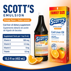 Scott's Emulsion sabor naranja con Supplement Facts por porción