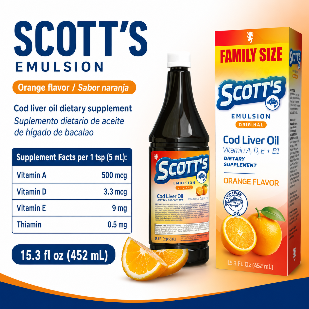 Scott's Emulsion sabor naranja con Supplement Facts por porción